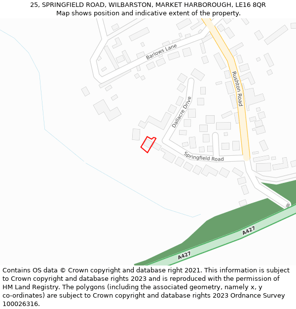 25, SPRINGFIELD ROAD, WILBARSTON, MARKET HARBOROUGH, LE16 8QR: Location map and indicative extent of plot
