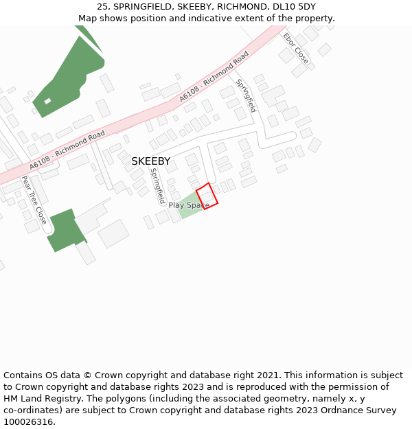 25, SPRINGFIELD, SKEEBY, RICHMOND, DL10 5DY: Location map and indicative extent of plot