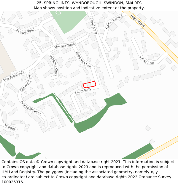 25, SPRINGLINES, WANBOROUGH, SWINDON, SN4 0ES: Location map and indicative extent of plot