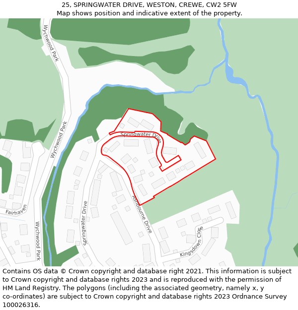 25, SPRINGWATER DRIVE, WESTON, CREWE, CW2 5FW: Location map and indicative extent of plot