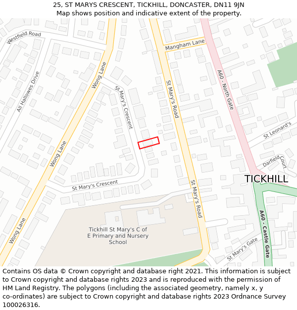 25, ST MARYS CRESCENT, TICKHILL, DONCASTER, DN11 9JN: Location map and indicative extent of plot