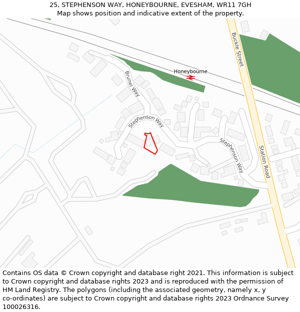 25, STEPHENSON WAY, HONEYBOURNE, EVESHAM, WR11 7GH: Location map and indicative extent of plot