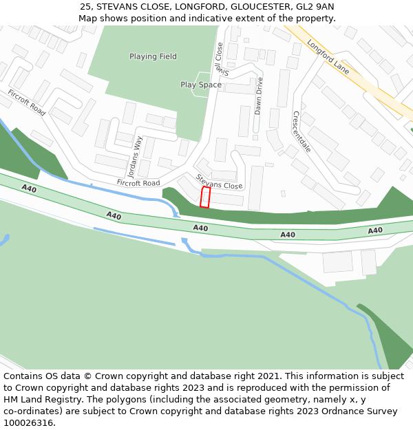 25, STEVANS CLOSE, LONGFORD, GLOUCESTER, GL2 9AN: Location map and indicative extent of plot