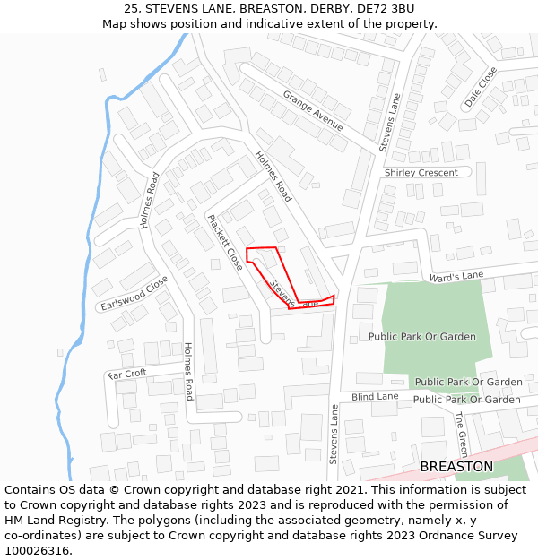 25, STEVENS LANE, BREASTON, DERBY, DE72 3BU: Location map and indicative extent of plot