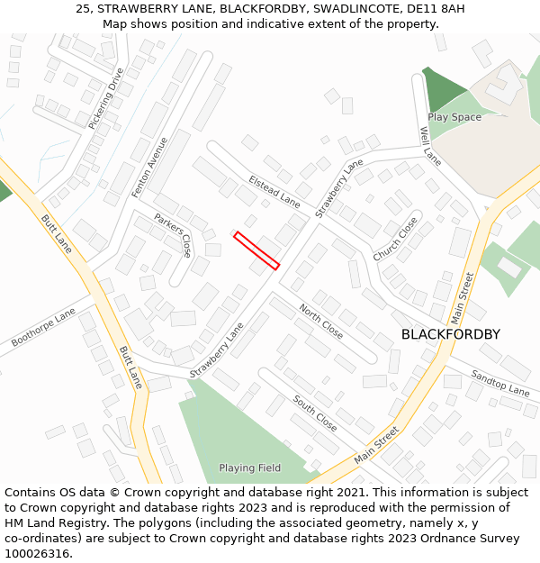 25, STRAWBERRY LANE, BLACKFORDBY, SWADLINCOTE, DE11 8AH: Location map and indicative extent of plot