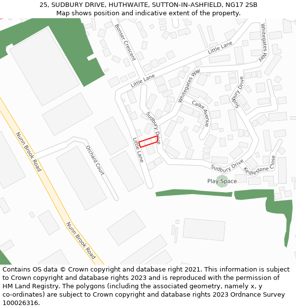 25, SUDBURY DRIVE, HUTHWAITE, SUTTON-IN-ASHFIELD, NG17 2SB: Location map and indicative extent of plot