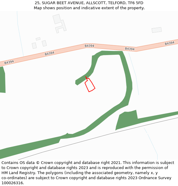 25, SUGAR BEET AVENUE, ALLSCOTT, TELFORD, TF6 5FD: Location map and indicative extent of plot