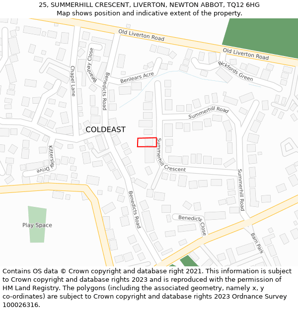 25, SUMMERHILL CRESCENT, LIVERTON, NEWTON ABBOT, TQ12 6HG: Location map and indicative extent of plot