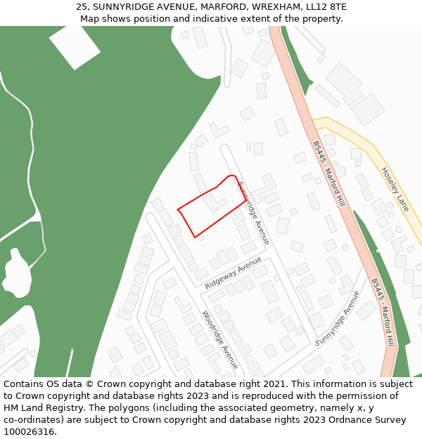 25, SUNNYRIDGE AVENUE, MARFORD, WREXHAM, LL12 8TE: Location map and indicative extent of plot