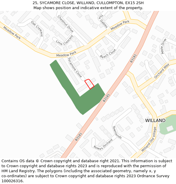 25, SYCAMORE CLOSE, WILLAND, CULLOMPTON, EX15 2SH: Location map and indicative extent of plot