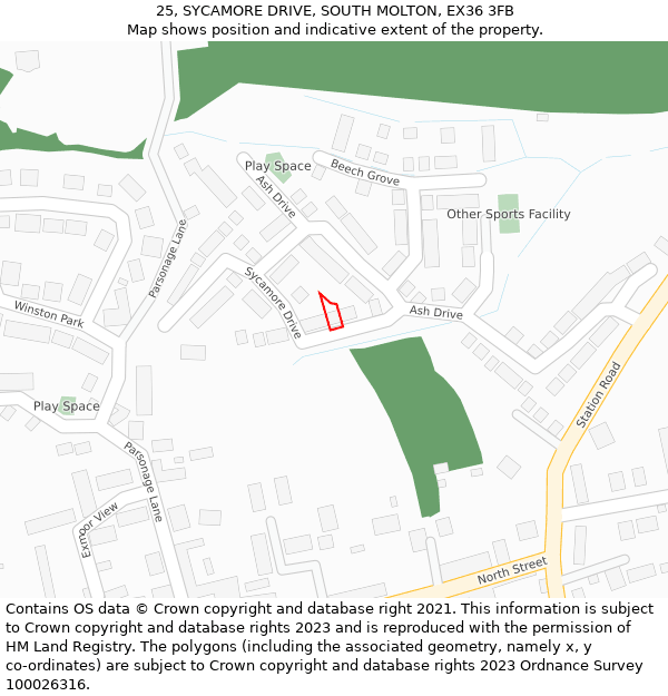 25, SYCAMORE DRIVE, SOUTH MOLTON, EX36 3FB: Location map and indicative extent of plot