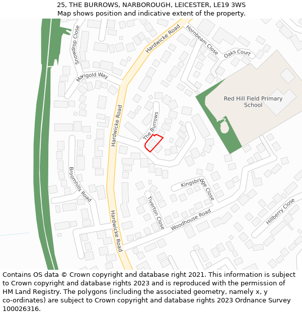 25, THE BURROWS, NARBOROUGH, LEICESTER, LE19 3WS: Location map and indicative extent of plot