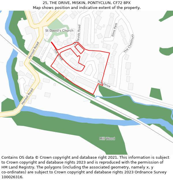 25, THE DRIVE, MISKIN, PONTYCLUN, CF72 8PX: Location map and indicative extent of plot