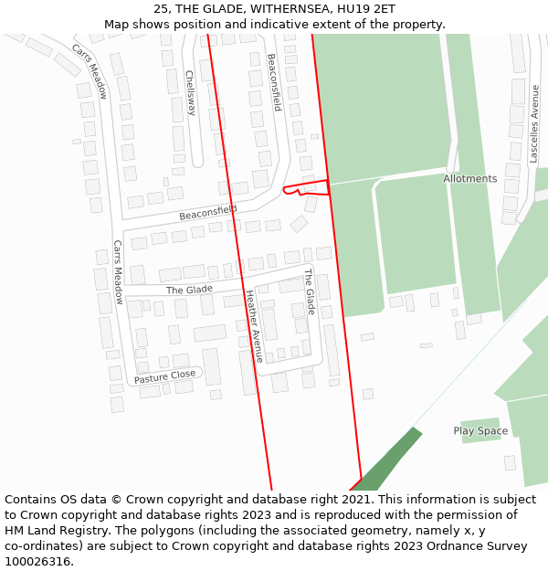 25, THE GLADE, WITHERNSEA, HU19 2ET: Location map and indicative extent of plot