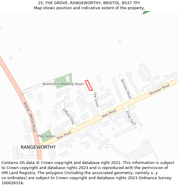 25, THE GROVE, RANGEWORTHY, BRISTOL, BS37 7PY: Location map and indicative extent of plot