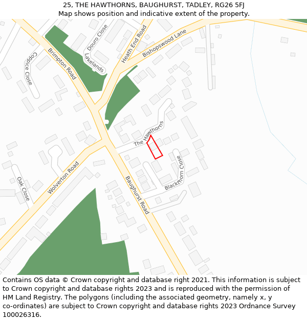 25, THE HAWTHORNS, BAUGHURST, TADLEY, RG26 5FJ: Location map and indicative extent of plot