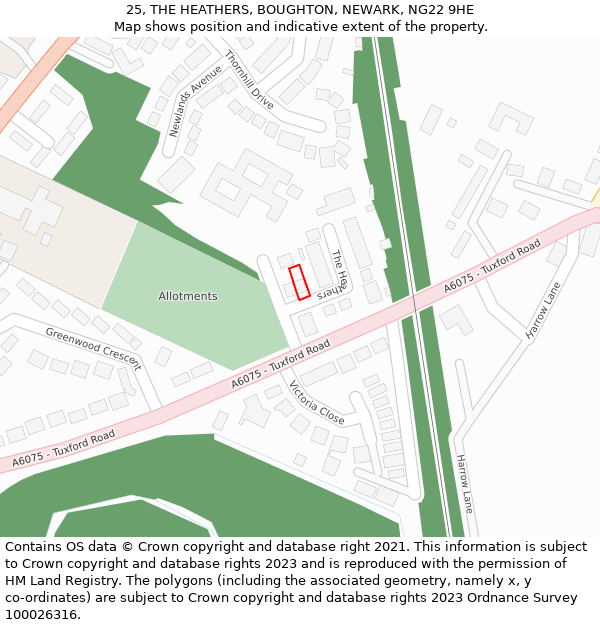 25, THE HEATHERS, BOUGHTON, NEWARK, NG22 9HE: Location map and indicative extent of plot