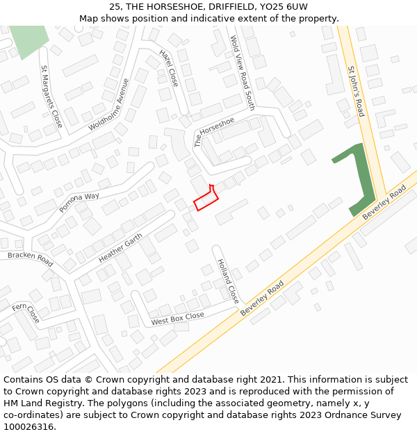 25, THE HORSESHOE, DRIFFIELD, YO25 6UW: Location map and indicative extent of plot