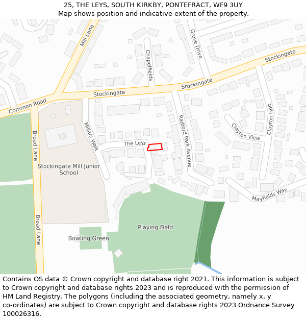 25, THE LEYS, SOUTH KIRKBY, PONTEFRACT, WF9 3UY: Location map and indicative extent of plot