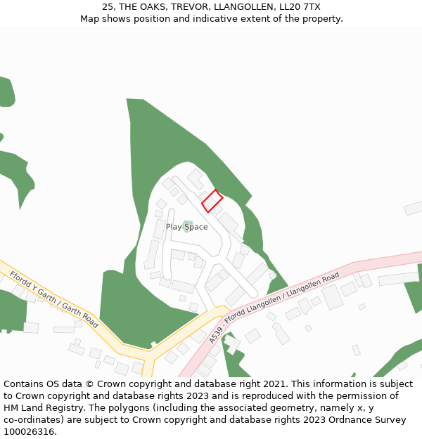 25, THE OAKS, TREVOR, LLANGOLLEN, LL20 7TX: Location map and indicative extent of plot