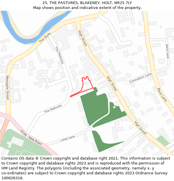 25, THE PASTURES, BLAKENEY, HOLT, NR25 7LY: Location map and indicative extent of plot