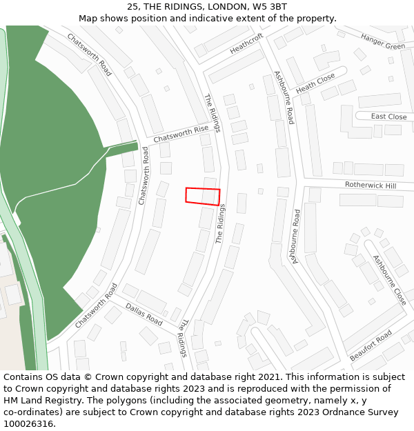 25, THE RIDINGS, LONDON, W5 3BT: Location map and indicative extent of plot