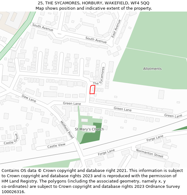 25, THE SYCAMORES, HORBURY, WAKEFIELD, WF4 5QQ: Location map and indicative extent of plot