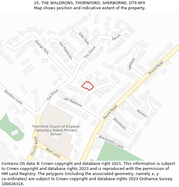25, THE WALDRONS, THORNFORD, SHERBORNE, DT9 6PX: Location map and indicative extent of plot