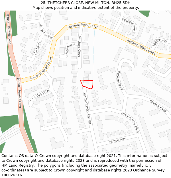 25, THETCHERS CLOSE, NEW MILTON, BH25 5DH: Location map and indicative extent of plot