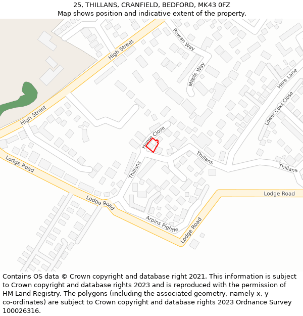 25, THILLANS, CRANFIELD, BEDFORD, MK43 0FZ: Location map and indicative extent of plot