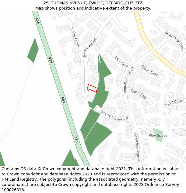 25, THOMAS AVENUE, EWLOE, DEESIDE, CH5 3TZ: Location map and indicative extent of plot