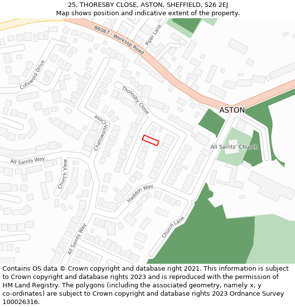 25, THORESBY CLOSE, ASTON, SHEFFIELD, S26 2EJ: Location map and indicative extent of plot