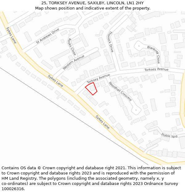25, TORKSEY AVENUE, SAXILBY, LINCOLN, LN1 2HY: Location map and indicative extent of plot