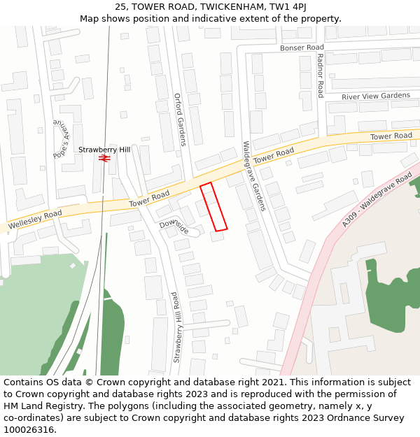 25, TOWER ROAD, TWICKENHAM, TW1 4PJ: Location map and indicative extent of plot