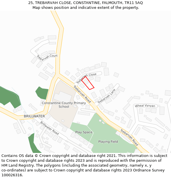 25, TREBARVAH CLOSE, CONSTANTINE, FALMOUTH, TR11 5AQ: Location map and indicative extent of plot