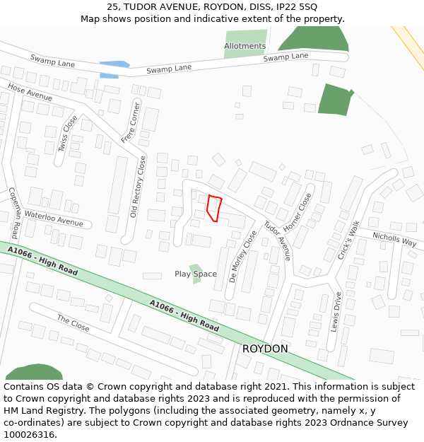 25, TUDOR AVENUE, ROYDON, DISS, IP22 5SQ: Location map and indicative extent of plot