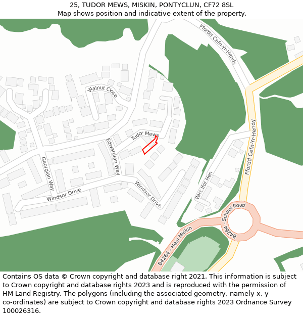 25, TUDOR MEWS, MISKIN, PONTYCLUN, CF72 8SL: Location map and indicative extent of plot