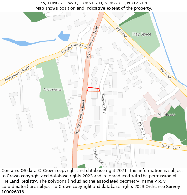 25, TUNGATE WAY, HORSTEAD, NORWICH, NR12 7EN: Location map and indicative extent of plot