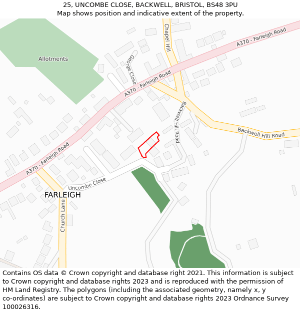 25, UNCOMBE CLOSE, BACKWELL, BRISTOL, BS48 3PU: Location map and indicative extent of plot