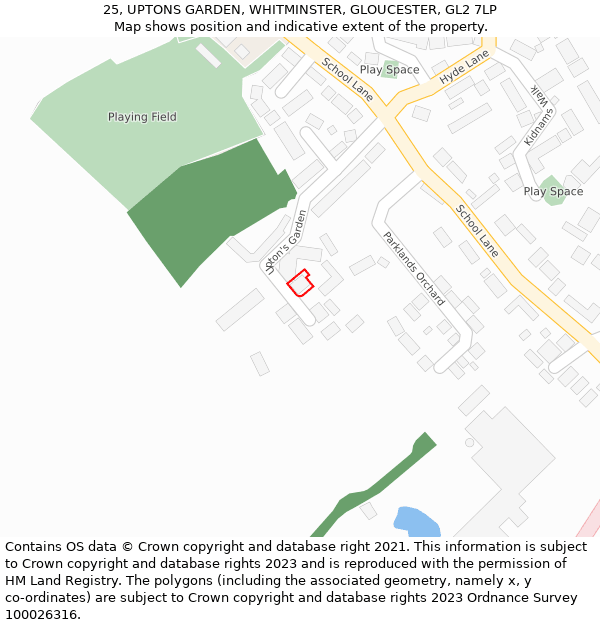 25, UPTONS GARDEN, WHITMINSTER, GLOUCESTER, GL2 7LP: Location map and indicative extent of plot