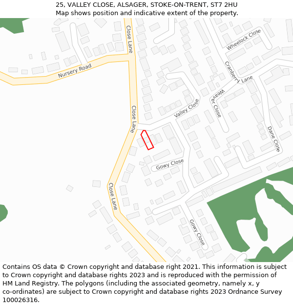 25, VALLEY CLOSE, ALSAGER, STOKE-ON-TRENT, ST7 2HU: Location map and indicative extent of plot