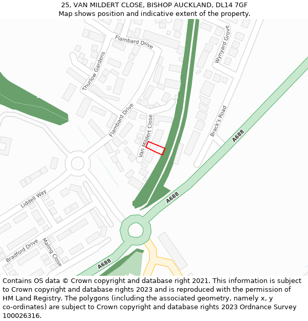 25, VAN MILDERT CLOSE, BISHOP AUCKLAND, DL14 7GF: Location map and indicative extent of plot