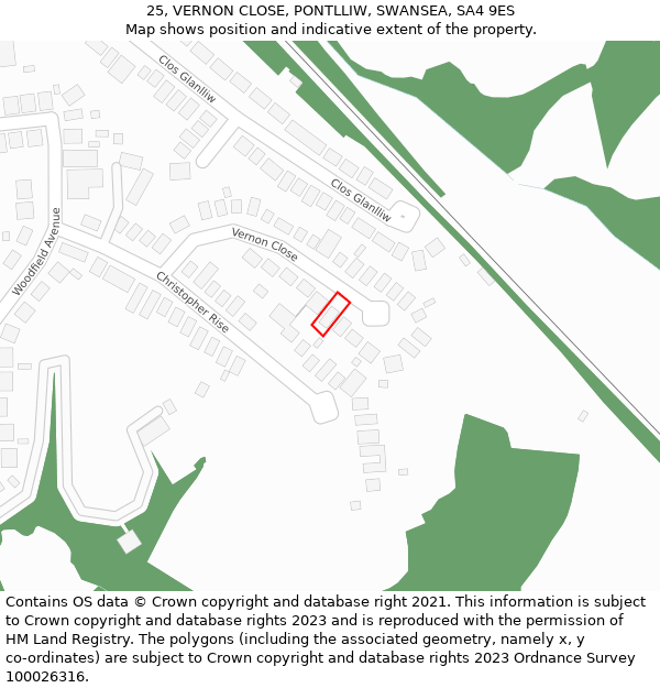 25, VERNON CLOSE, PONTLLIW, SWANSEA, SA4 9ES: Location map and indicative extent of plot