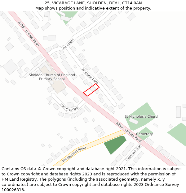 25, VICARAGE LANE, SHOLDEN, DEAL, CT14 0AN: Location map and indicative extent of plot