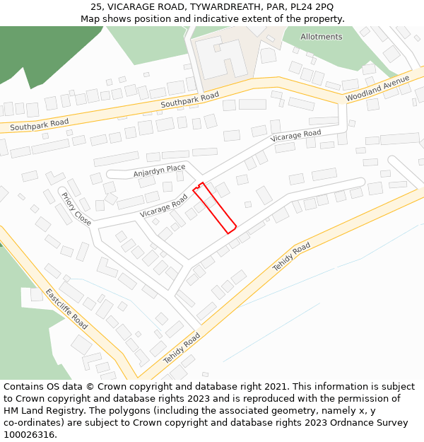 25, VICARAGE ROAD, TYWARDREATH, PAR, PL24 2PQ: Location map and indicative extent of plot