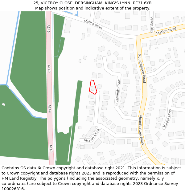 25, VICEROY CLOSE, DERSINGHAM, KING'S LYNN, PE31 6YR: Location map and indicative extent of plot