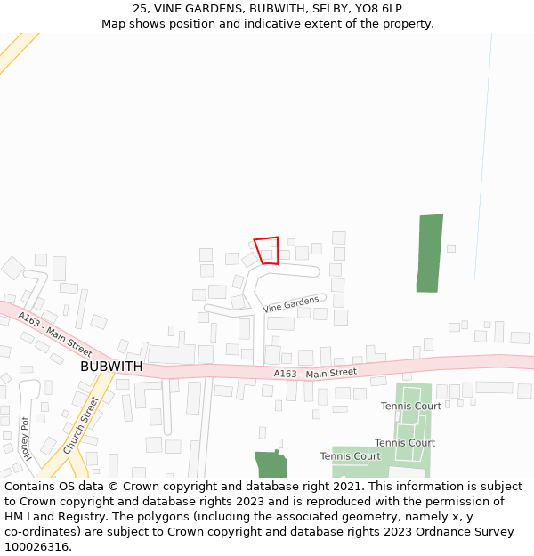 25, VINE GARDENS, BUBWITH, SELBY, YO8 6LP: Location map and indicative extent of plot