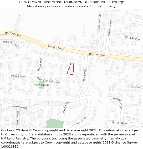 25, WARMINGHURST CLOSE, ASHINGTON, PULBOROUGH, RH20 3QD: Location map and indicative extent of plot