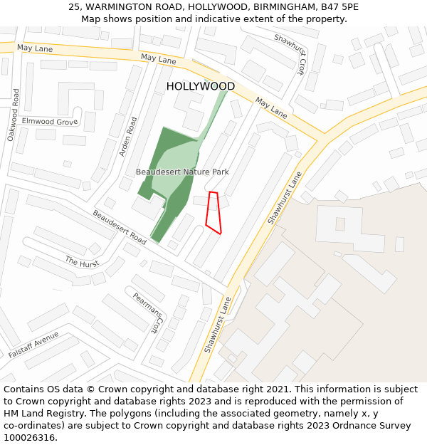 25, WARMINGTON ROAD, HOLLYWOOD, BIRMINGHAM, B47 5PE: Location map and indicative extent of plot