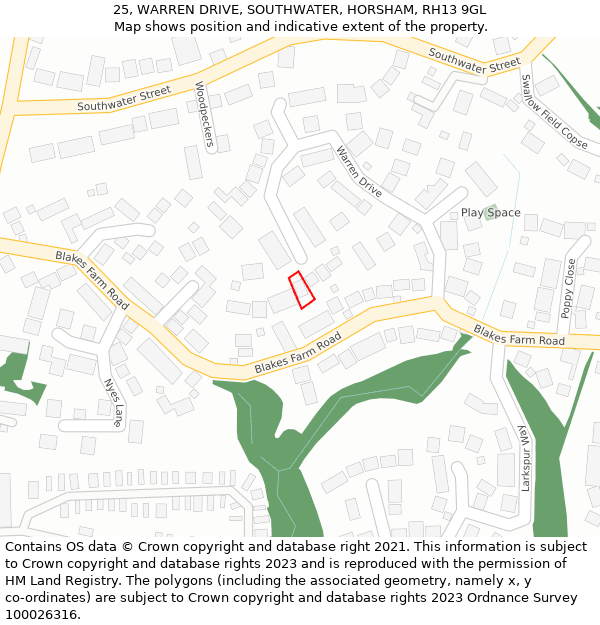 25, WARREN DRIVE, SOUTHWATER, HORSHAM, RH13 9GL: Location map and indicative extent of plot